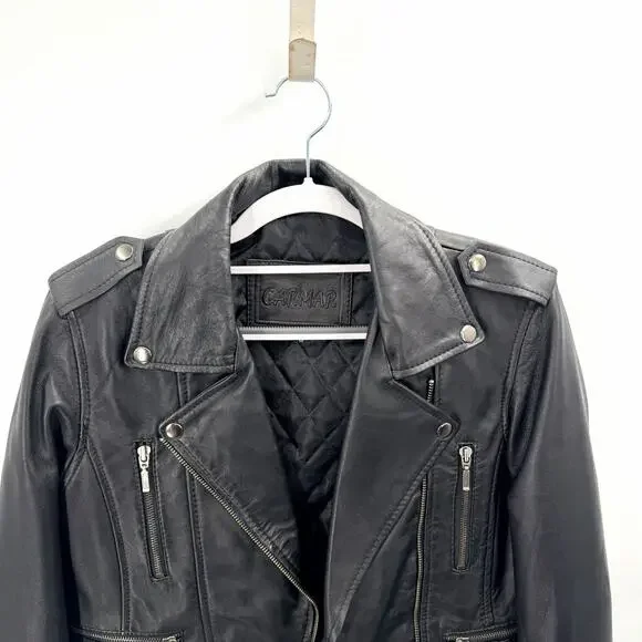 CARMAR Black Leather Cropped Moto Motorcycle Jacket Womens Size 8 - Picture 2 of 7